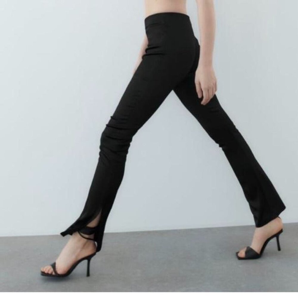 ZARA Black Satin-Look Shimmery Slit Pants – Size M – Fitted Stretch